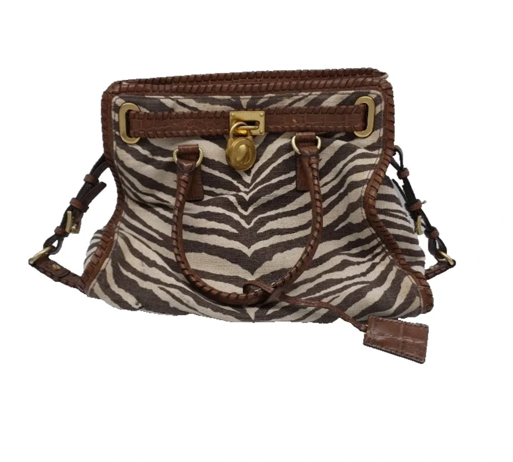 Michael Kors Hamilton Whipped Zebra Canvas Satchel Bag Brown Croc Leather Gold